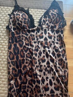 Cheetah Print & Black Lace Trim Mini Slip Dress